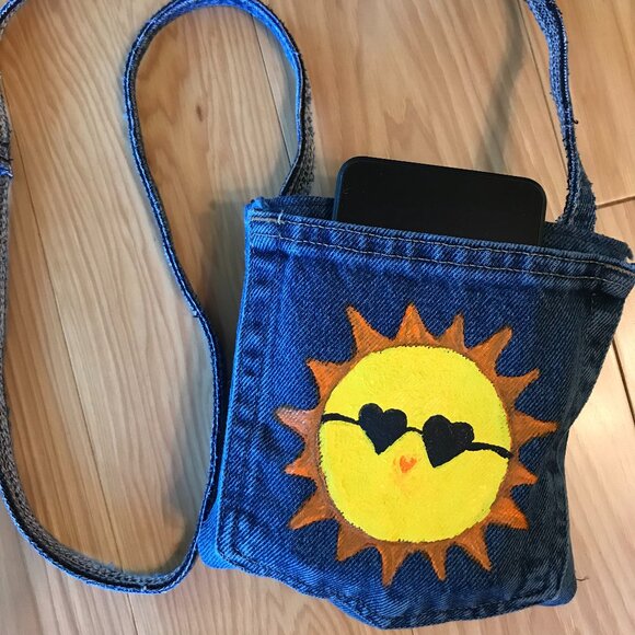 Handmade Crossbody Bag: Lake Girl Theme Cell Phone Holder, Recycled Denim Purse - Picture 6 of 11